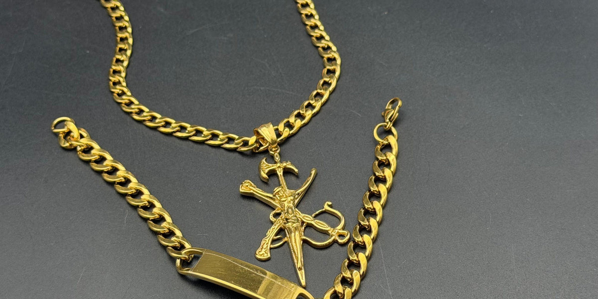Cadena cubana 6 mm*60cm y esclava 8mm* 21cm+Colgante legión, acero 316L, chapado oro 18k