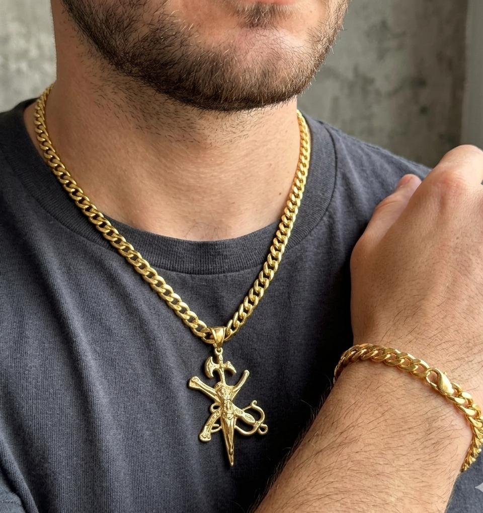 Conjunto de cadena y pulsera 6mm+Colgante Legión Española, acero 316L chapado oro 18k