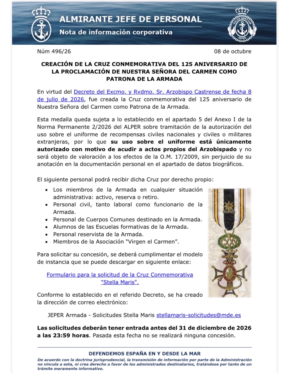 Medalla Miniatura Cruz Virgen del Carmen Patrona de la Armada - 125 Aniversario "Stella Maris"